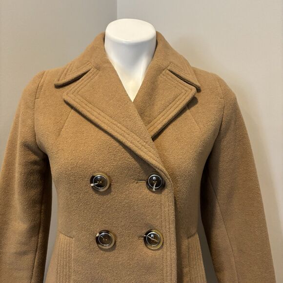 Kenneth Cole Reaction Pea Coat 2P Camel Tan Wool Pockets - Picture 2 of 13